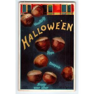 Vintage Ellen Clapsaddle 1907 Halloween Lithograph Postcard with Chestnut Faces